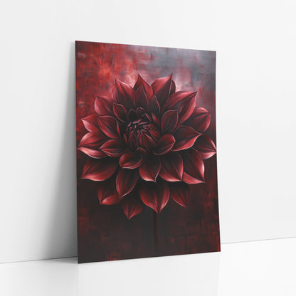 Crimson Dahlia Stem Dramatic Moody art print leaning against a white wall – large burgundy dahlia with pointed layered petals