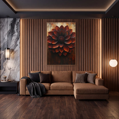 Rust Red Dahlia Bloom Botanical wall art in an elegant modern room – large rust red dahlia with layered pointed petals