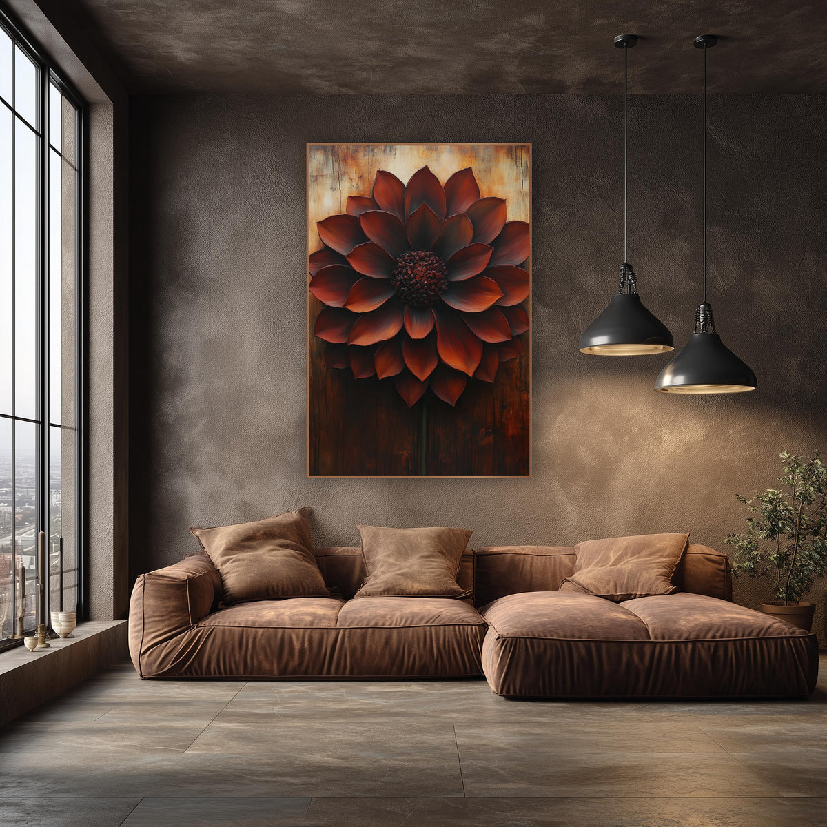 Rust Red Dahlia Bloom Botanical wall art in an elegant modern room – large rust red dahlia with layered pointed petals