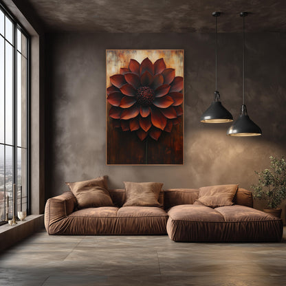 Rust Red Dahlia Bloom Botanical wall art in an elegant modern room – large rust red dahlia with layered pointed petals