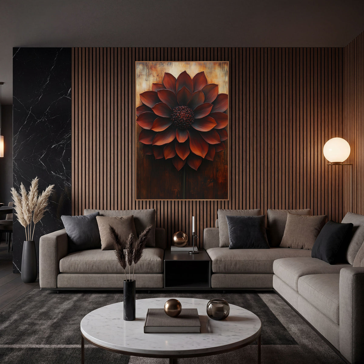 Rust Red Dahlia Bloom Botanical wall art in an elegant modern room – large rust red dahlia with layered pointed petals