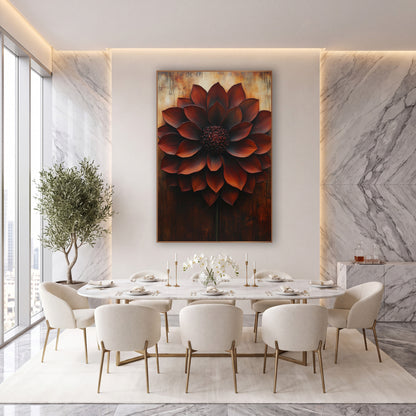 Rust Red Dahlia Bloom Botanical wall art in an elegant modern room – large rust red dahlia with layered pointed petals