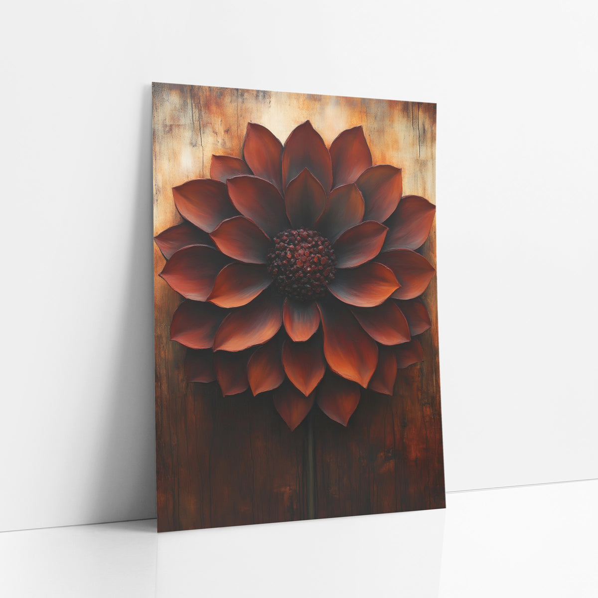 Rust Red Dahlia Bloom Botanical art print leaning against a white wall – large rust red dahlia with layered pointed petals