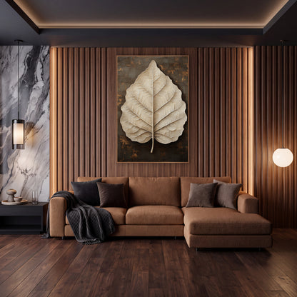 Ivory Leaf Espresso Luxe Botanical wall art in an elegant modern room – large cream leaf with fine veins and a short