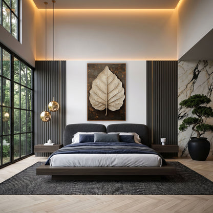 Ivory Leaf Espresso Luxe Botanical wall art in an elegant modern room – large cream leaf with fine veins and a short