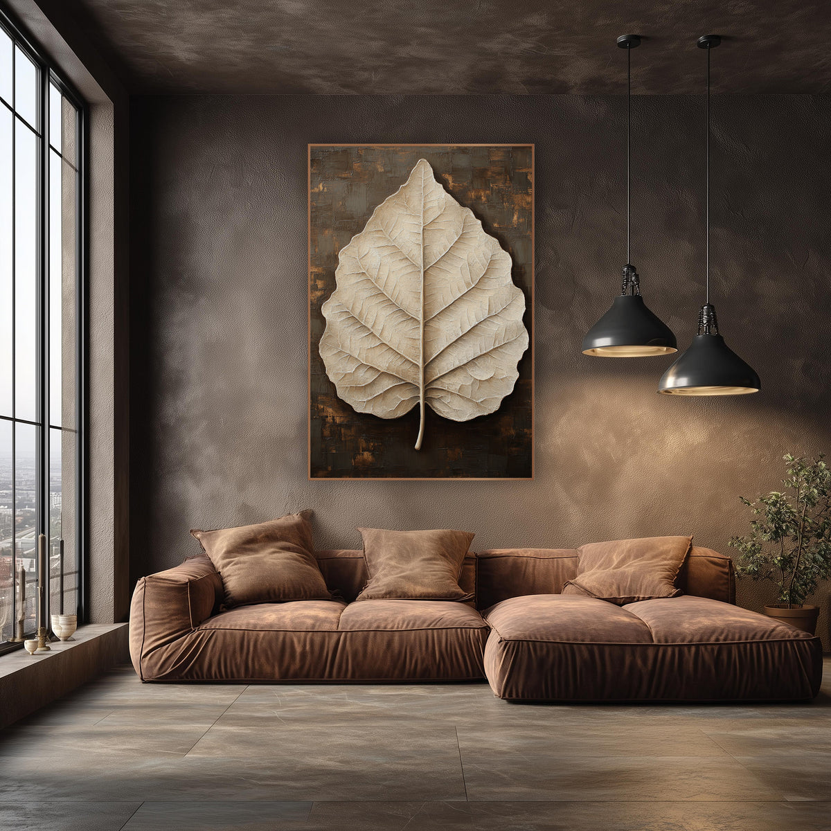 Ivory Leaf Espresso Luxe Botanical wall art in an elegant modern room – large cream leaf with fine veins and a short