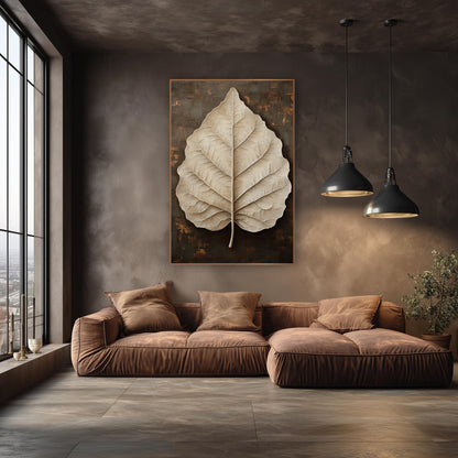 Ivory Leaf Espresso Luxe Botanical wall art in an elegant modern room – large cream leaf with fine veins and a short