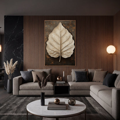 Ivory Leaf Espresso Luxe Botanical wall art in an elegant modern room – large cream leaf with fine veins and a short