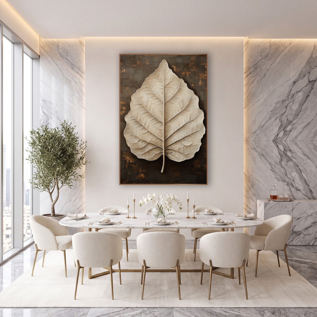 Ivory Leaf Espresso Luxe Botanical wall art in an elegant modern room – large cream leaf with fine veins and a short