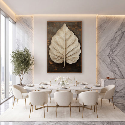 Ivory Leaf Espresso Luxe Botanical wall art in an elegant modern room – large cream leaf with fine veins and a short
