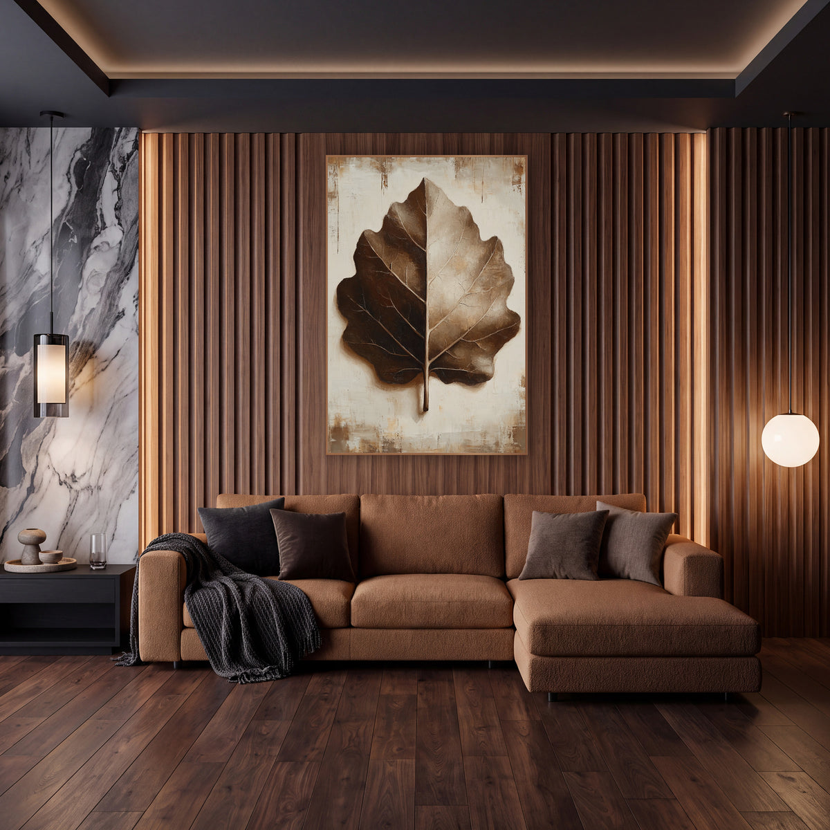Espresso Brown Leaf Study Botanical wall art in an elegant modern room – large brown and tan leaf with cream veins
