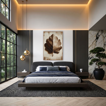 Espresso Brown Leaf Study Botanical wall art in an elegant modern room – large brown and tan leaf with cream veins