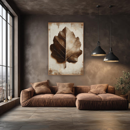 Espresso Brown Leaf Study Botanical wall art in an elegant modern room – large brown and tan leaf with cream veins