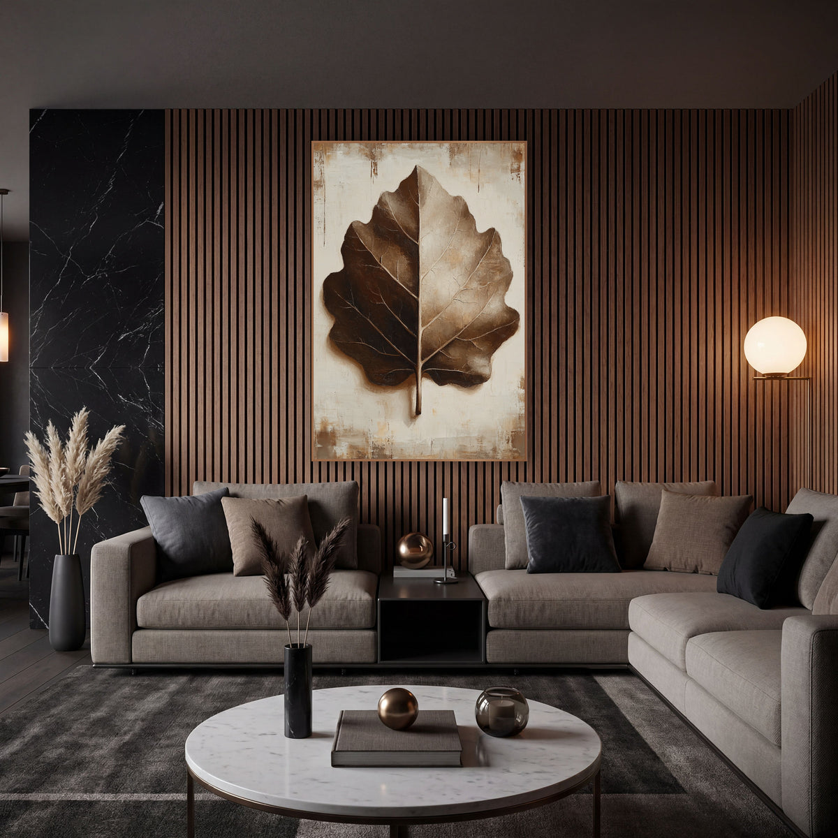 Espresso Brown Leaf Study Botanical wall art in an elegant modern room – large brown and tan leaf with cream veins