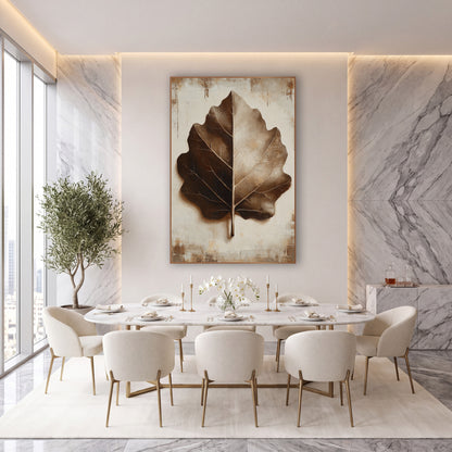 Espresso Brown Leaf Study Botanical wall art in an elegant modern room – large brown and tan leaf with cream veins
