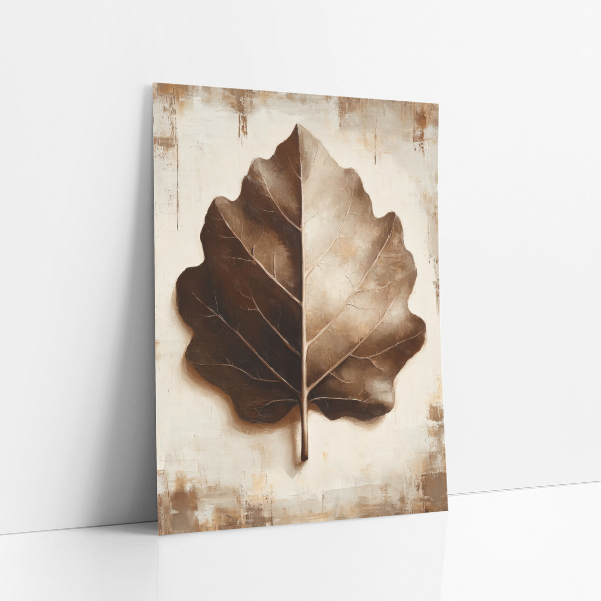 Espresso Brown Leaf Study Botanical art print leaning against a white wall – large brown and tan leaf with cream veins