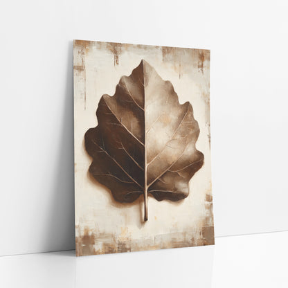 Espresso Brown Leaf Study Botanical art print leaning against a white wall – large brown and tan leaf with cream veins