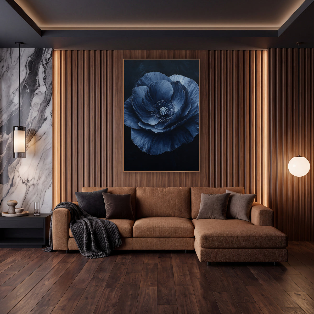 Layered Navy Poppy Midnight Painterly wall art in an elegant modern room – large navy blue poppy with ruffled layered