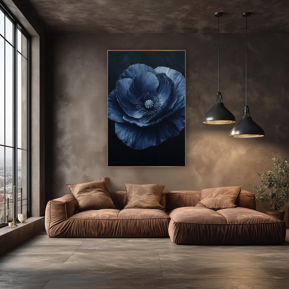 Layered Navy Poppy Midnight Painterly wall art in an elegant modern room – large navy blue poppy with ruffled layered