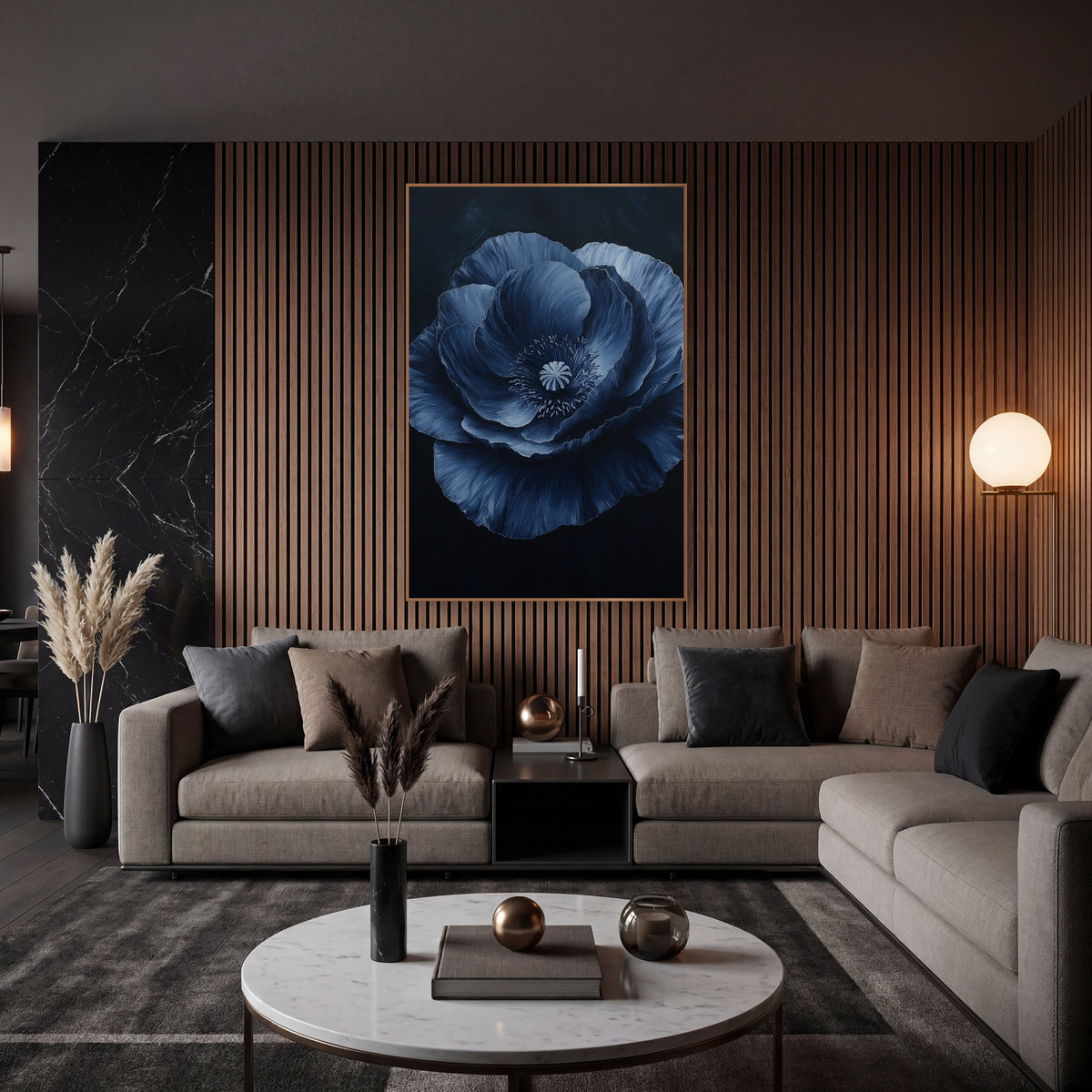 Layered Navy Poppy Midnight Painterly wall art in an elegant modern room – large navy blue poppy with ruffled layered