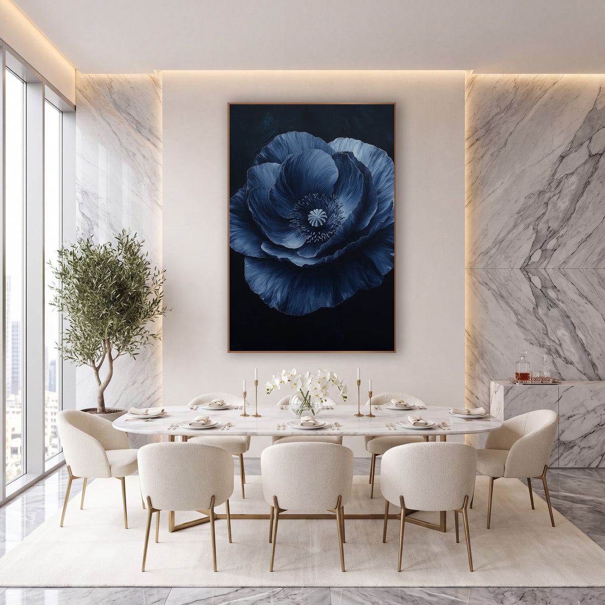 Layered Navy Poppy Midnight Painterly wall art in an elegant modern room – large navy blue poppy with ruffled layered