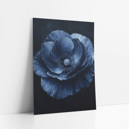 Layered Navy Poppy Midnight Painterly art print leaning against a white wall – large navy blue poppy with ruffled layered