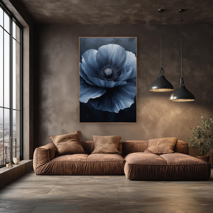 Open Steel Poppy Smoky Luxe wall art in an elegant modern room – large navy blue poppy with ruffled petals shading