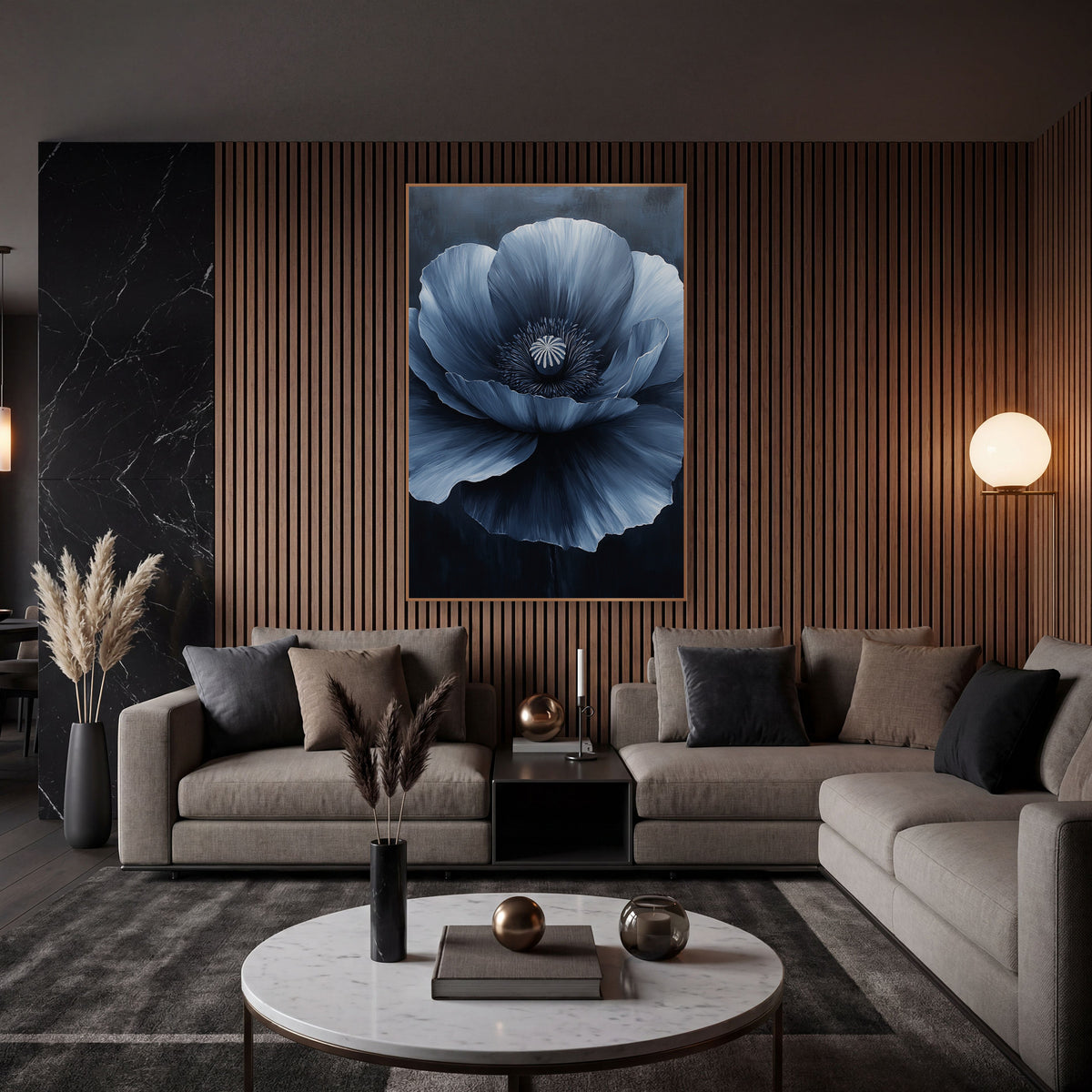 Open Steel Poppy Smoky Luxe wall art in an elegant modern room – large navy blue poppy with ruffled petals shading