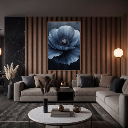 Open Steel Poppy Smoky Luxe wall art in an elegant modern room – large navy blue poppy with ruffled petals shading