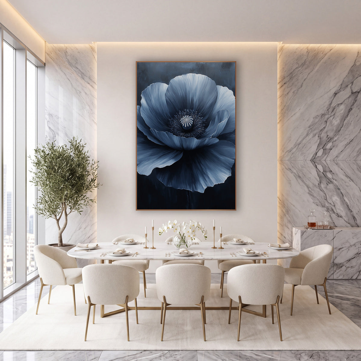 Open Steel Poppy Smoky Luxe wall art in an elegant modern room – large navy blue poppy with ruffled petals shading