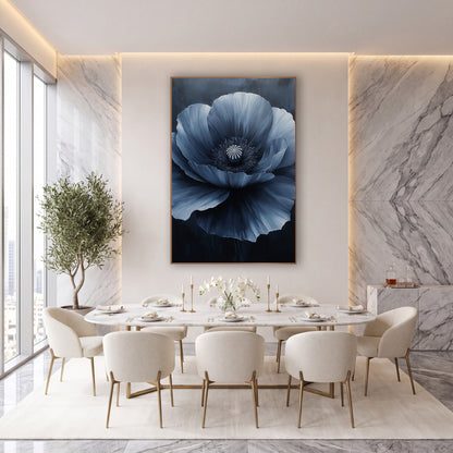 Open Steel Poppy Smoky Luxe wall art in an elegant modern room – large navy blue poppy with ruffled petals shading
