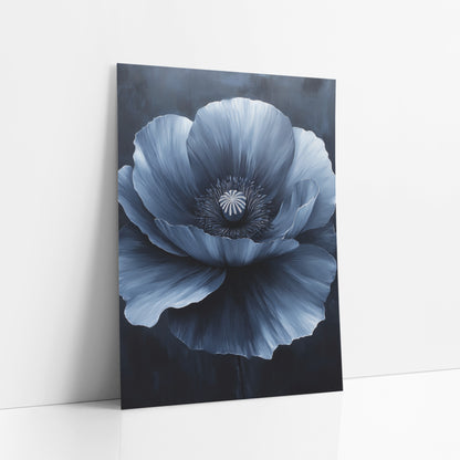 Open Steel Poppy Smoky Luxe art print leaning against a white wall – large navy blue poppy with ruffled petals shading to ink