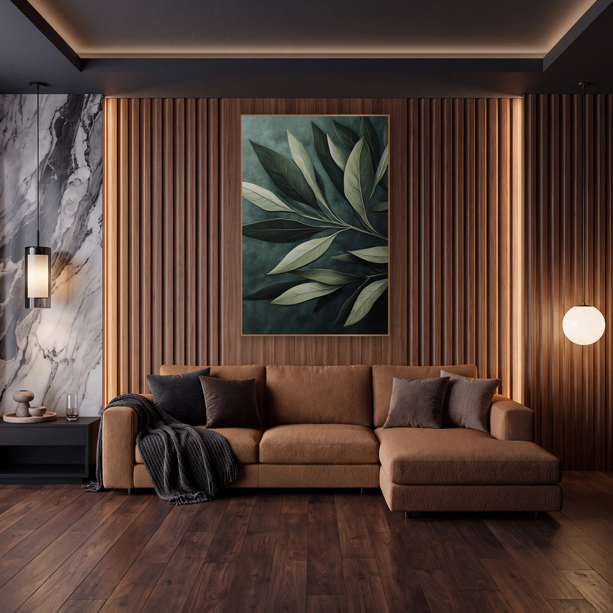 Sage Green Olive Leaf Botanical wall art in an elegant modern room – close view of large olive leaves on one branch