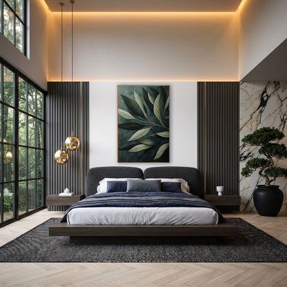 Sage Green Olive Leaf Botanical wall art in an elegant modern room – close view of large olive leaves on one branch