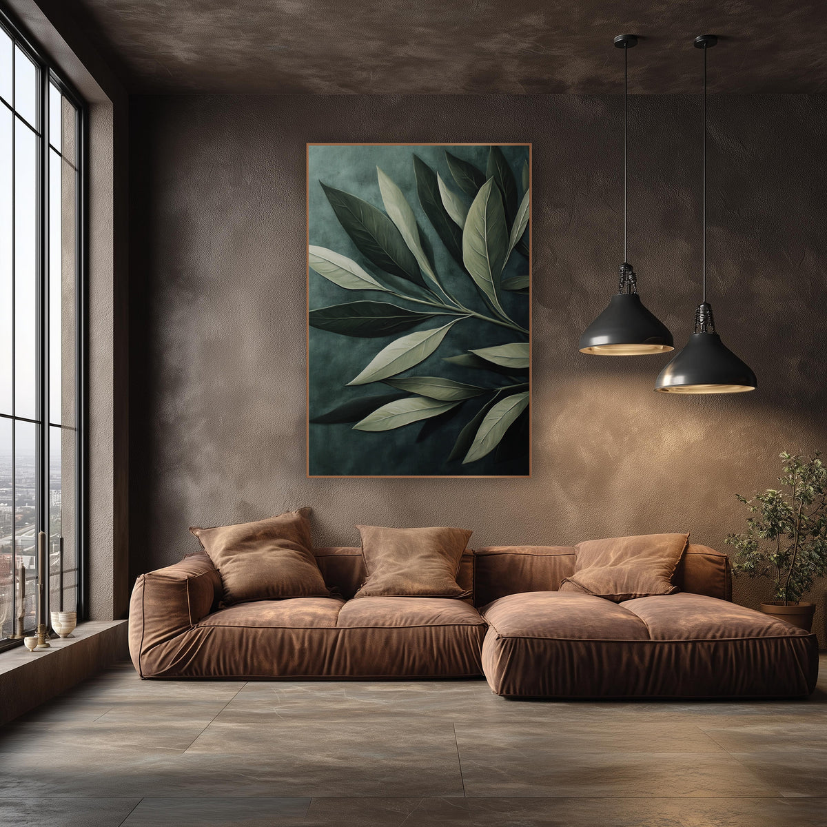 Sage Green Olive Leaf Botanical wall art in an elegant modern room – close view of large olive leaves on one branch