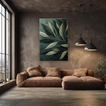 Sage Green Olive Leaf Botanical wall art in an elegant modern room – close view of large olive leaves on one branch
