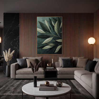 Sage Green Olive Leaf Botanical wall art in an elegant modern room – close view of large olive leaves on one branch