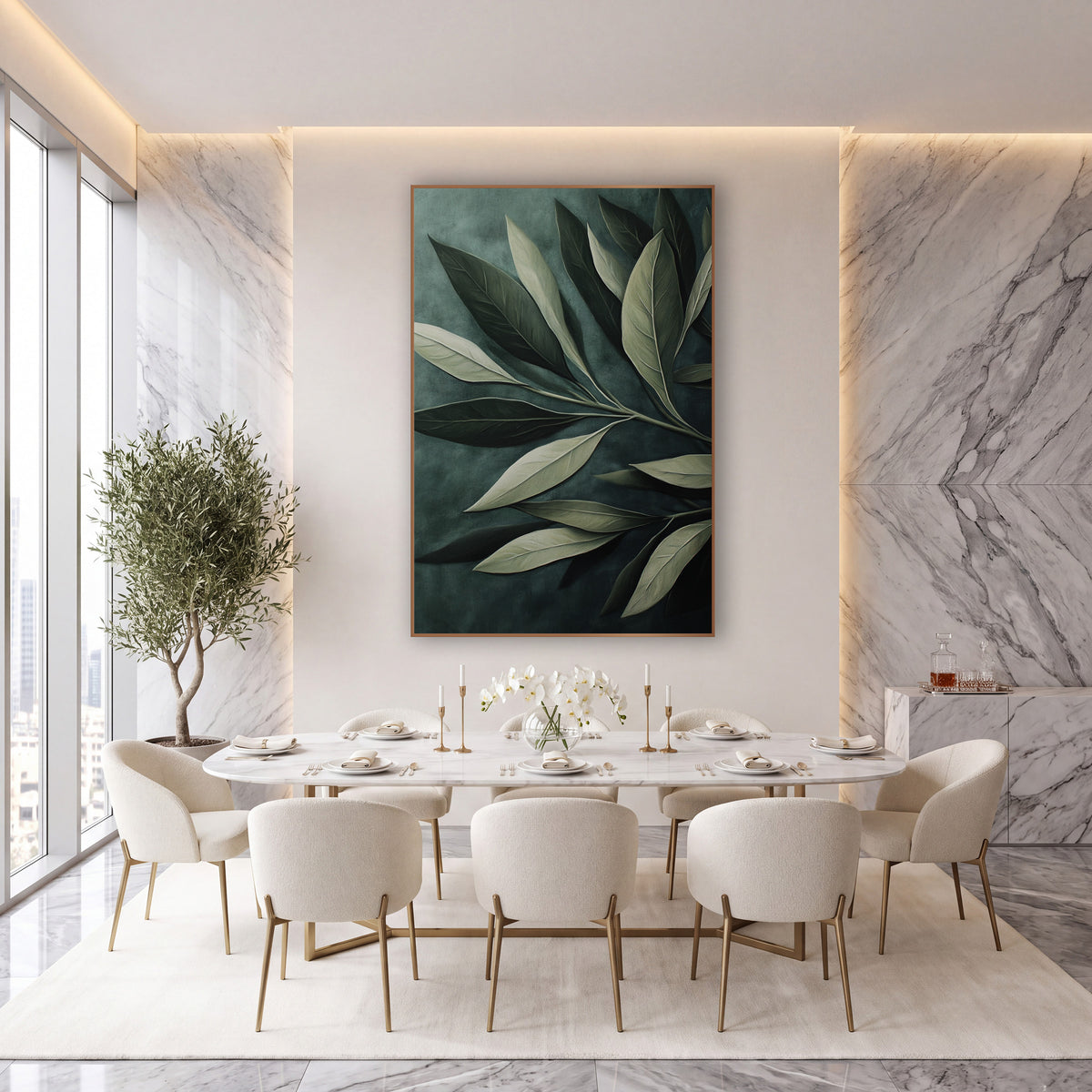 Sage Green Olive Leaf Botanical wall art in an elegant modern room – close view of large olive leaves on one branch
