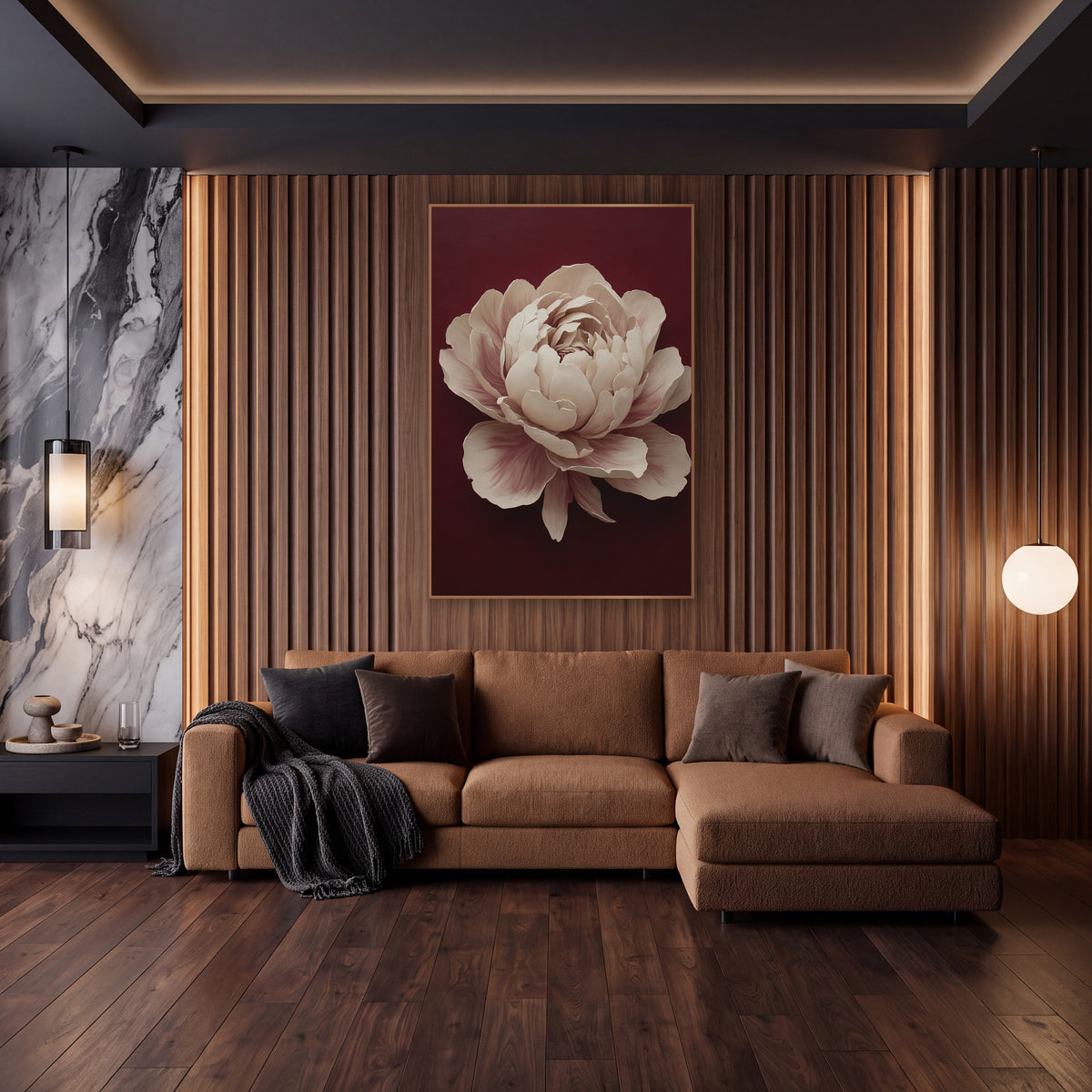 Ivory Peony Moody Burgundy Classic wall art in an elegant modern room – large ivory peony with blush pink petal