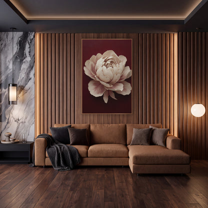 Ivory Peony Moody Burgundy Classic wall art in an elegant modern room – large ivory peony with blush pink petal