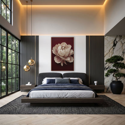 Ivory Peony Moody Burgundy Classic wall art in an elegant modern room – large ivory peony with blush pink petal
