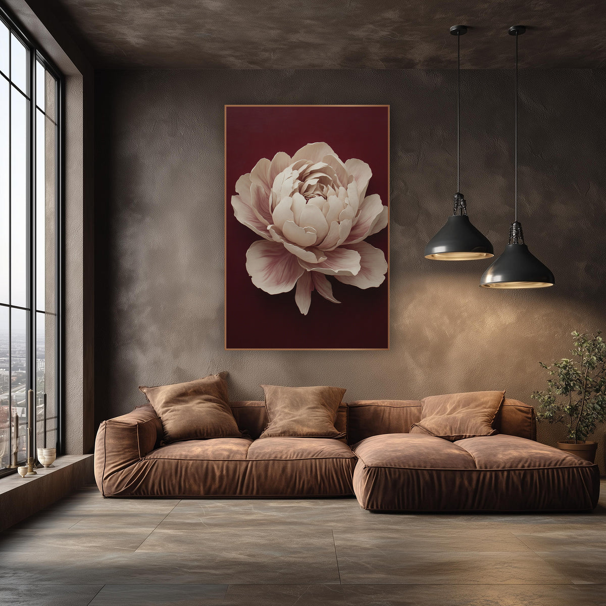 Ivory Peony Moody Burgundy Classic wall art in an elegant modern room – large ivory peony with blush pink petal
