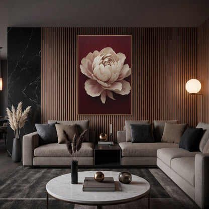 Ivory Peony Moody Burgundy Classic wall art in an elegant modern room – large ivory peony with blush pink petal