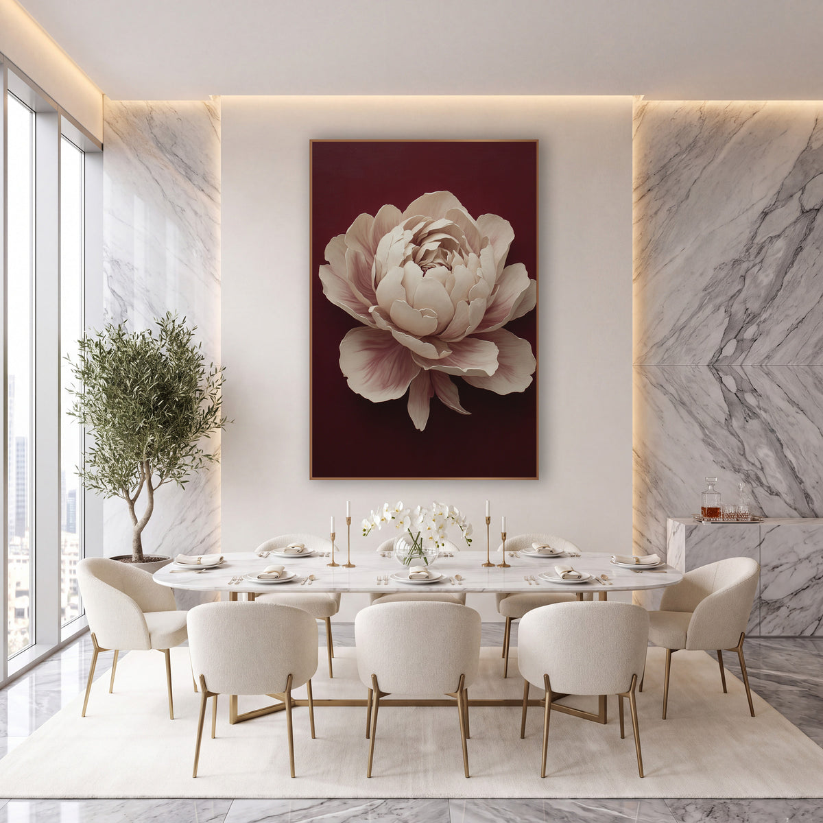 Ivory Peony Moody Burgundy Classic wall art in an elegant modern room – large ivory peony with blush pink petal