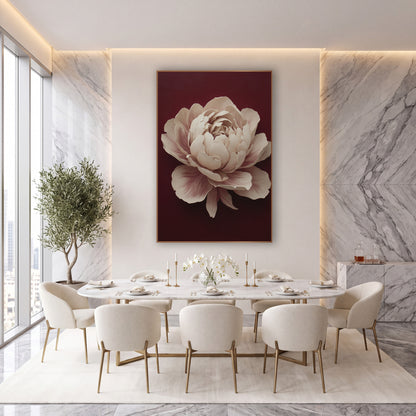 Ivory Peony Moody Burgundy Classic wall art in an elegant modern room – large ivory peony with blush pink petal