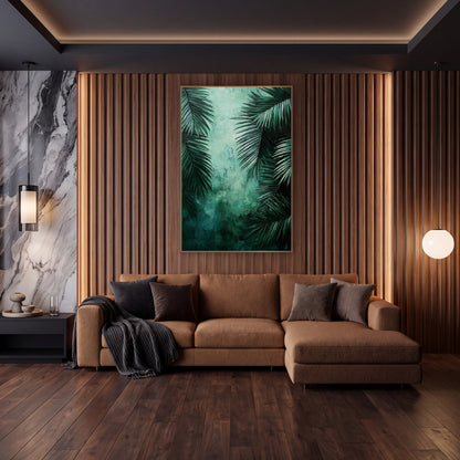 Twin Palm Corridor Mint Mist Botanical wall art in an elegant modern room – dark emerald palm fronds frame a glowing