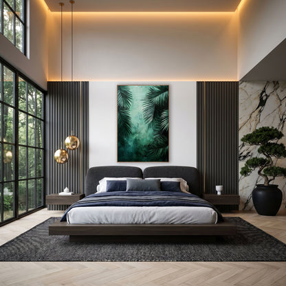 Twin Palm Corridor Mint Mist Botanical wall art in an elegant modern room – dark emerald palm fronds frame a glowing