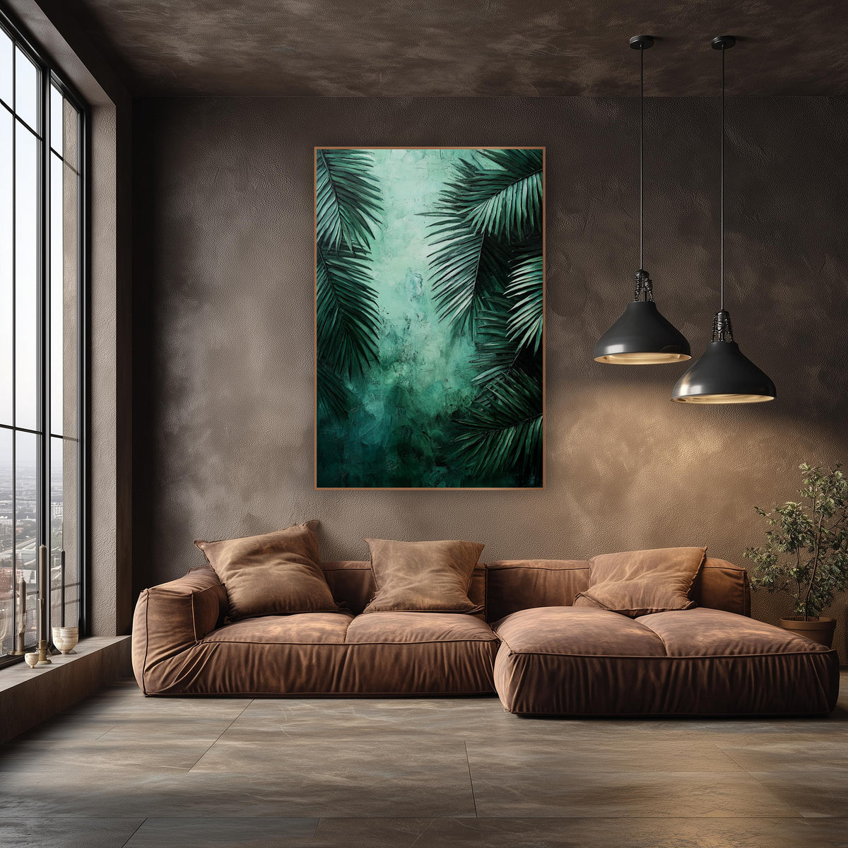 Twin Palm Corridor Mint Mist Botanical wall art in an elegant modern room – dark emerald palm fronds frame a glowing