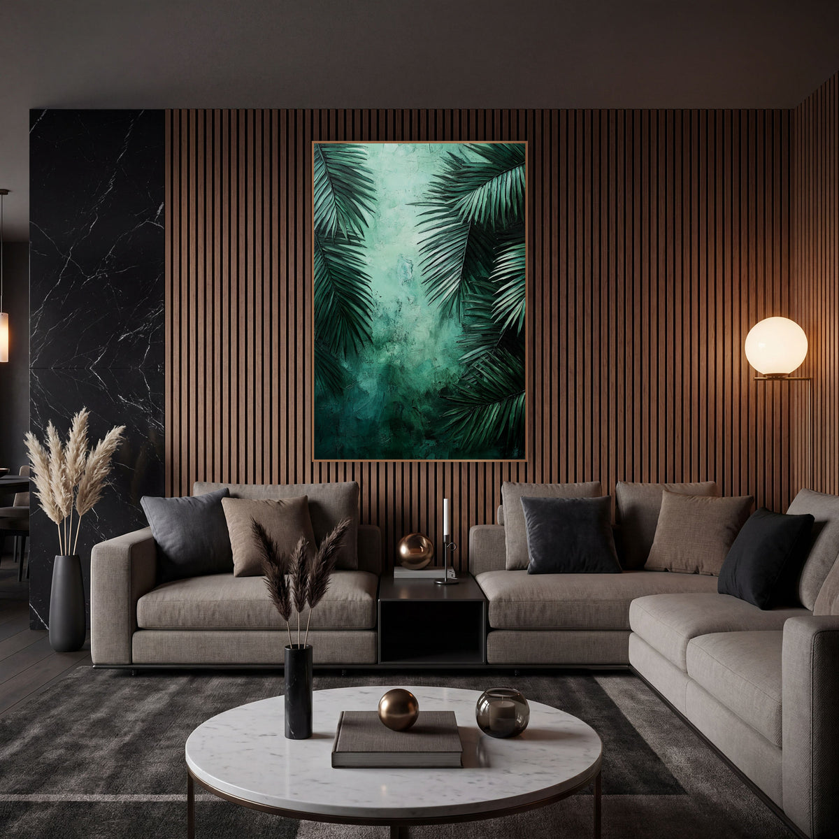 Twin Palm Corridor Mint Mist Botanical wall art in an elegant modern room – dark emerald palm fronds frame a glowing
