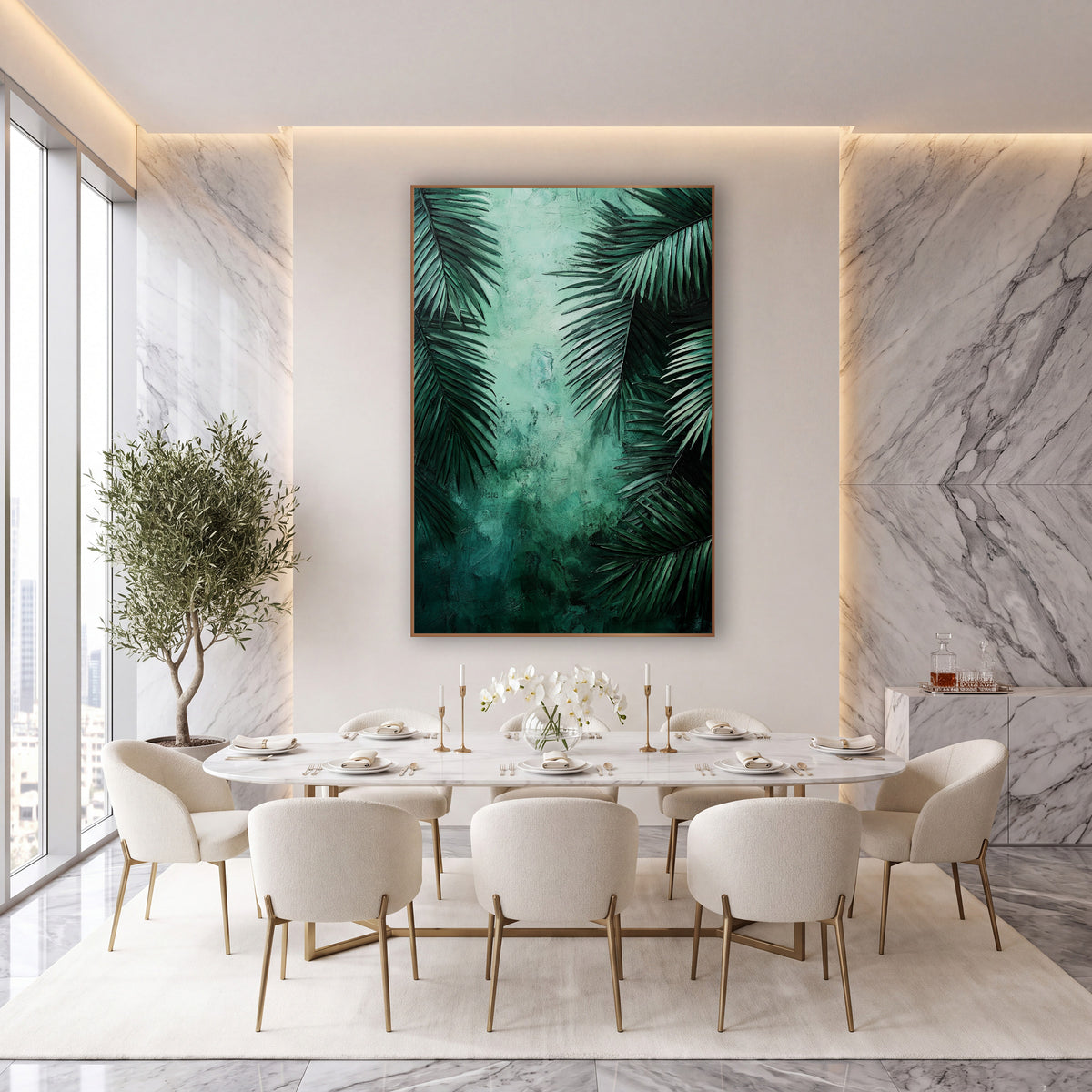 Twin Palm Corridor Mint Mist Botanical wall art in an elegant modern room – dark emerald palm fronds frame a glowing